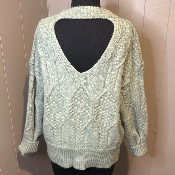 FRNCH Women’s Large Cable Knit Sweater Open Back Crewneck Mint - Picture 4 of 7